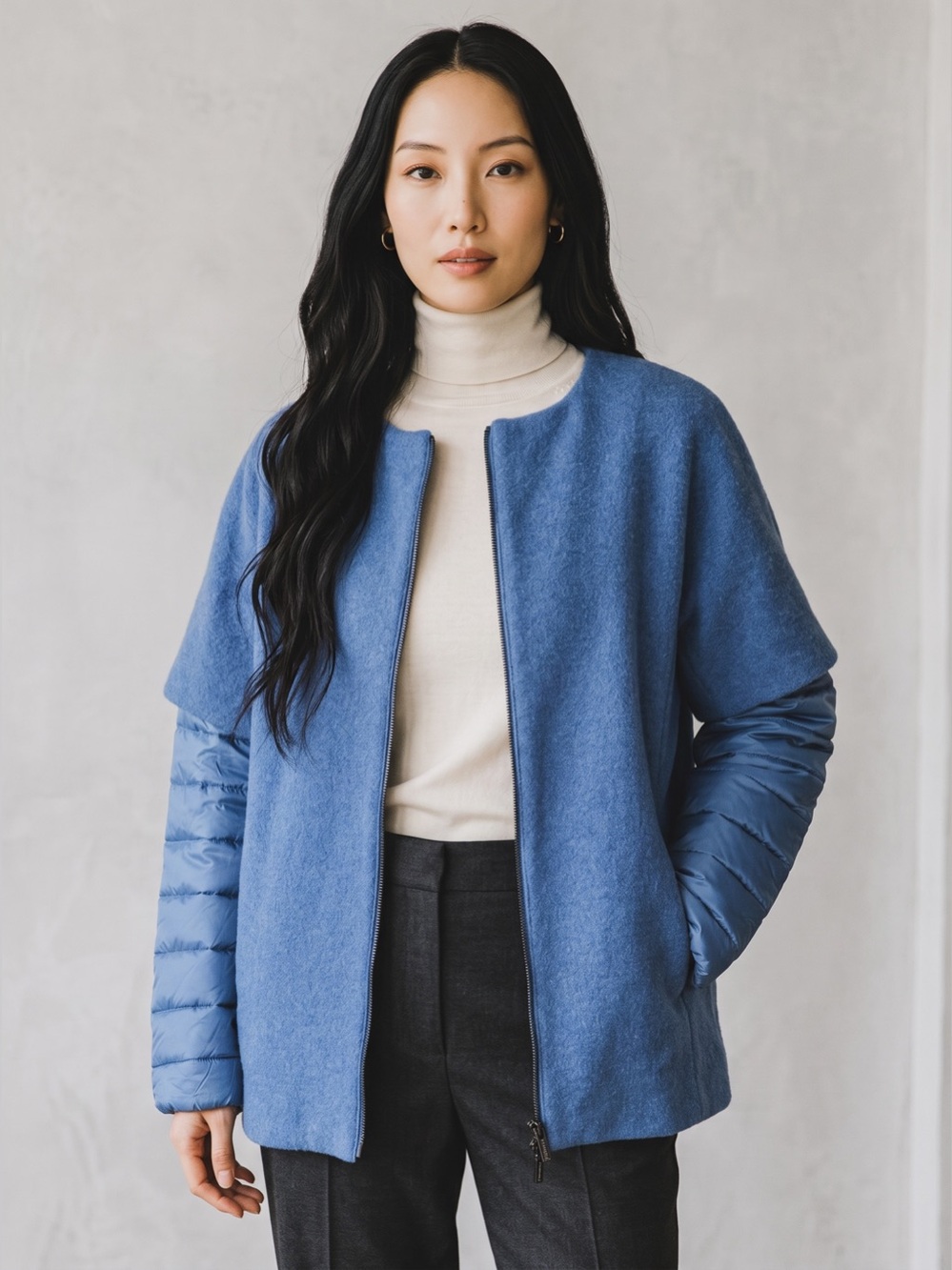 Katherine Barclay Powder Blue Mixed-Texture Zip Jacket Removable Quilted Sleeves